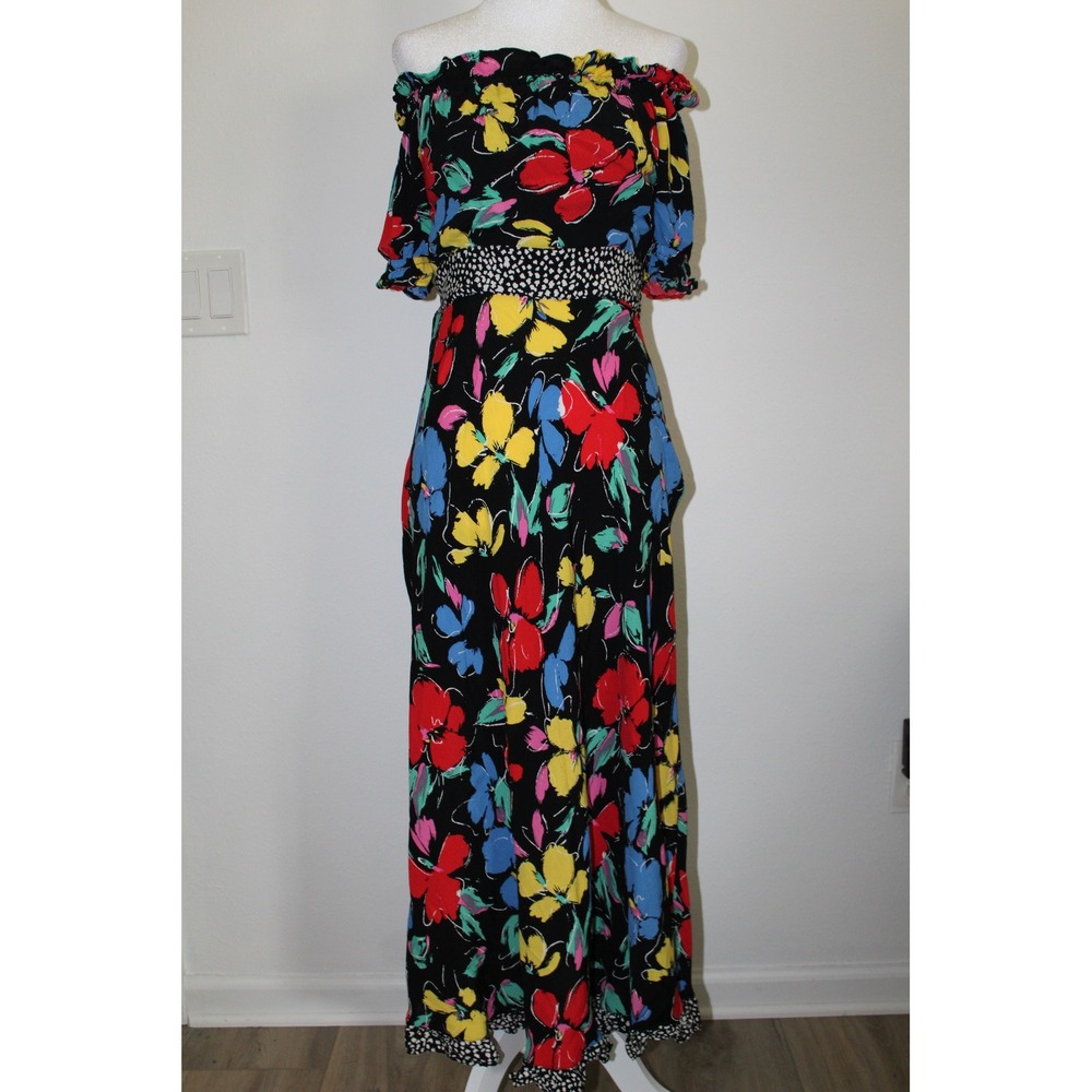 RIXO x Target Floral Off The Shoulder Maxi Dress Black Polka Dot Waist Size 4